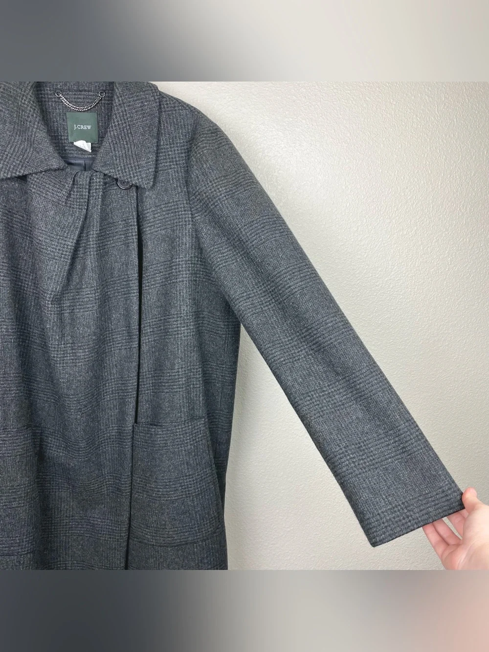 J.Crew Women's 10 Gray Plaid 100% Wool Blend Overcoat Highneck Posh Academia - Picture 9 of 16